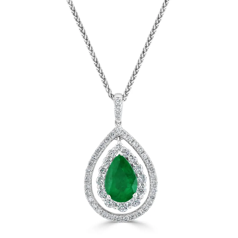 White Gold Emerald and Diamond Halo Pendant Image