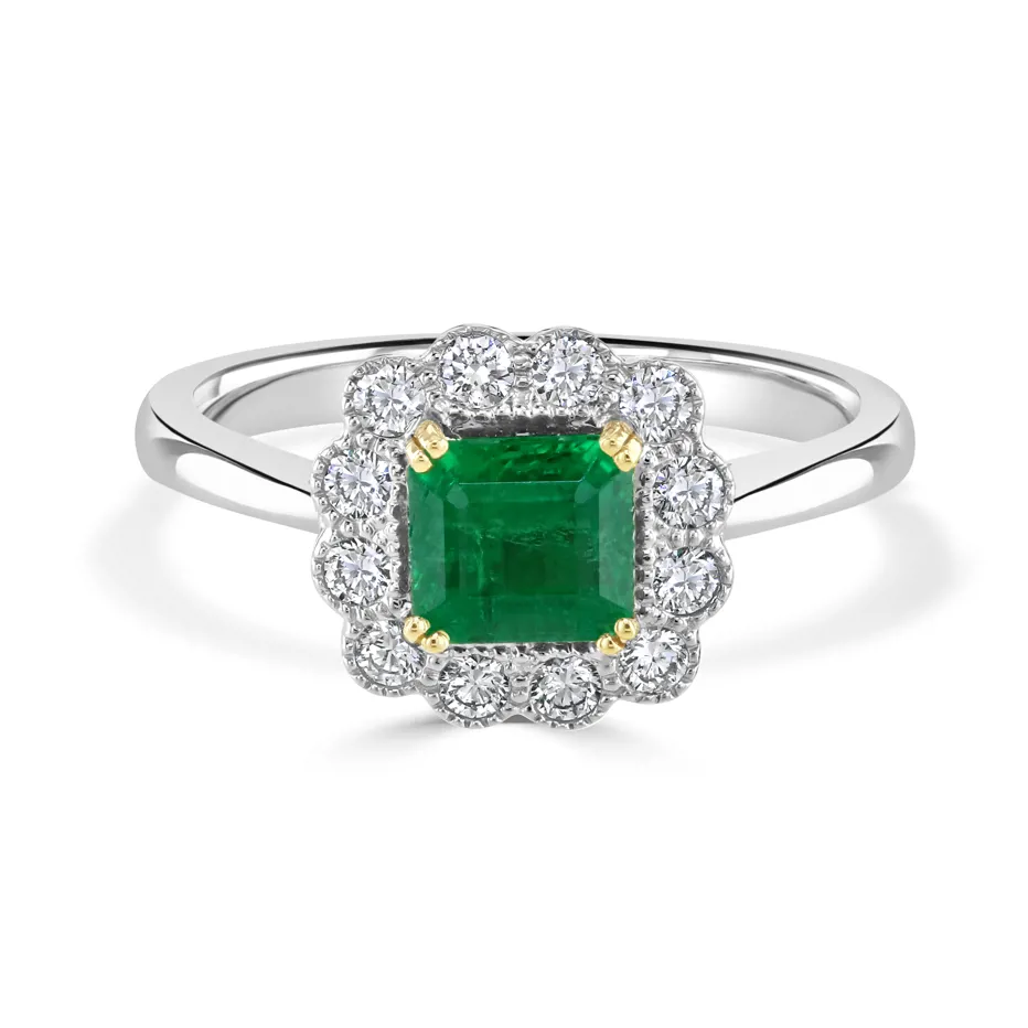 White and Yellow Gold Emerald and Diamond Halo Ring