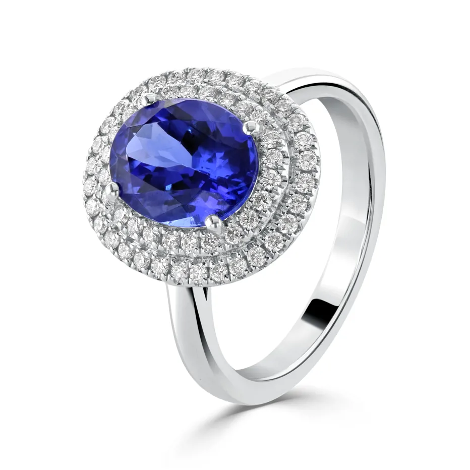 18ct White Gold Tanzanite and Diamond Halo Engagement Ring