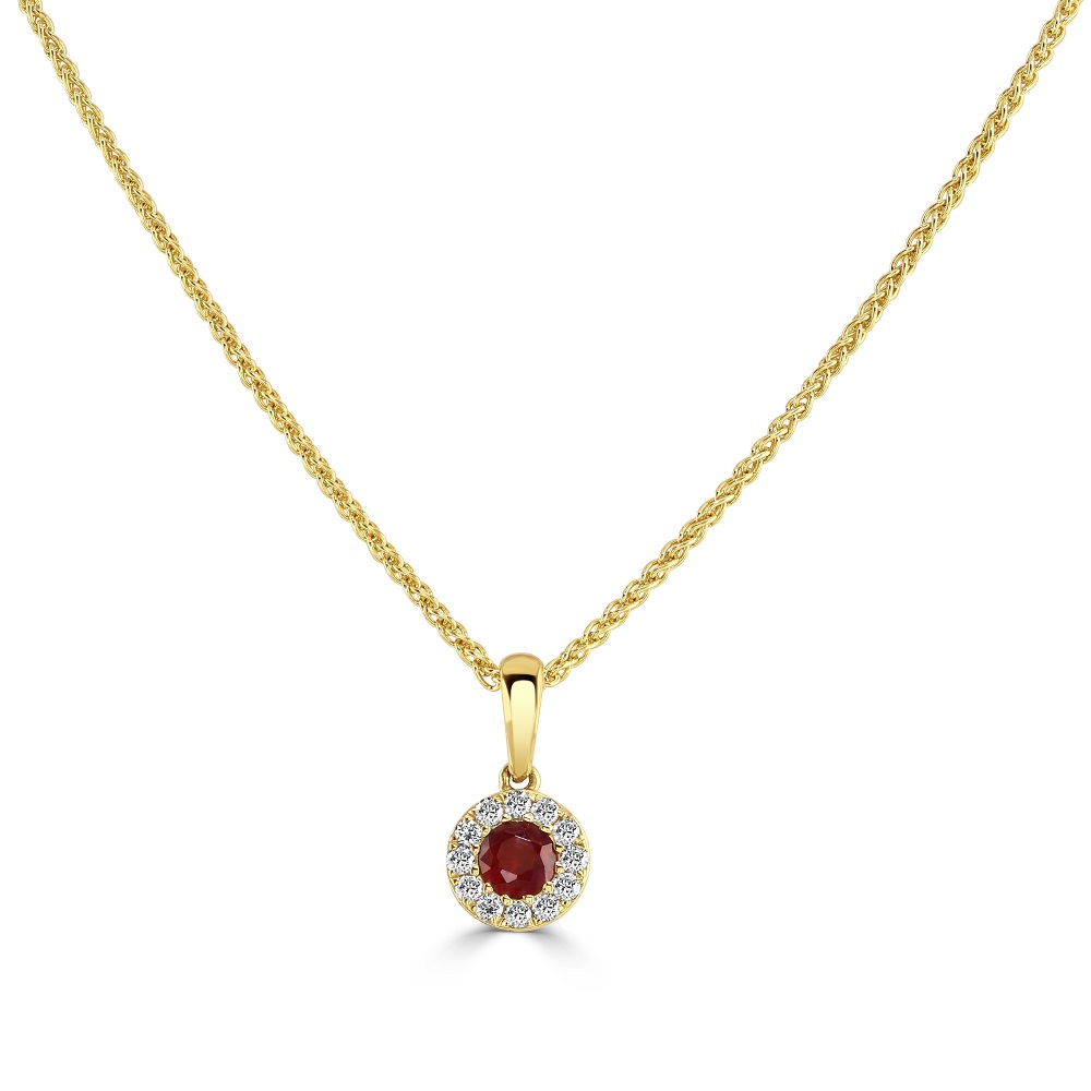 18ct Yellow Gold Ruby and Diamond Halo Pendant Martin and Co