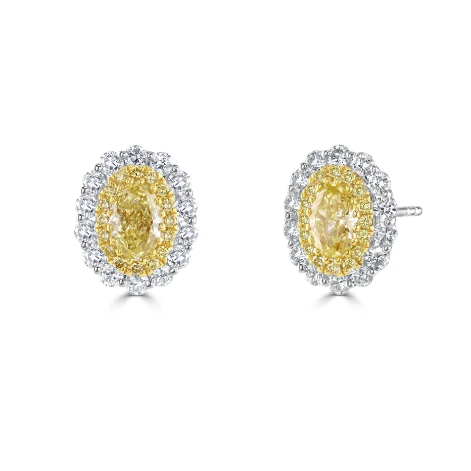 Yellow Gold and White Diamond Halo Earrings