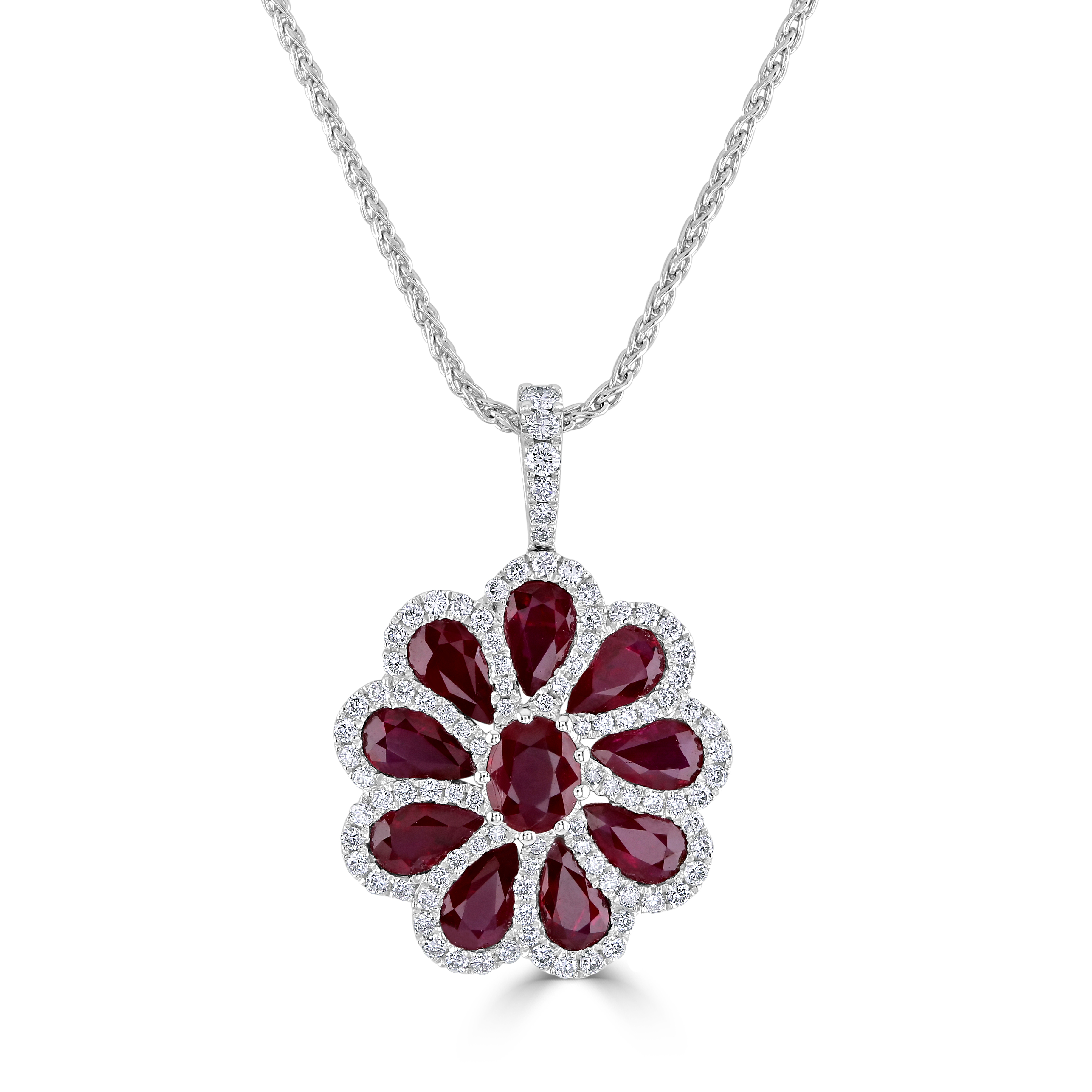 18ct White Gold Ruby and Diamond Flower Pendant