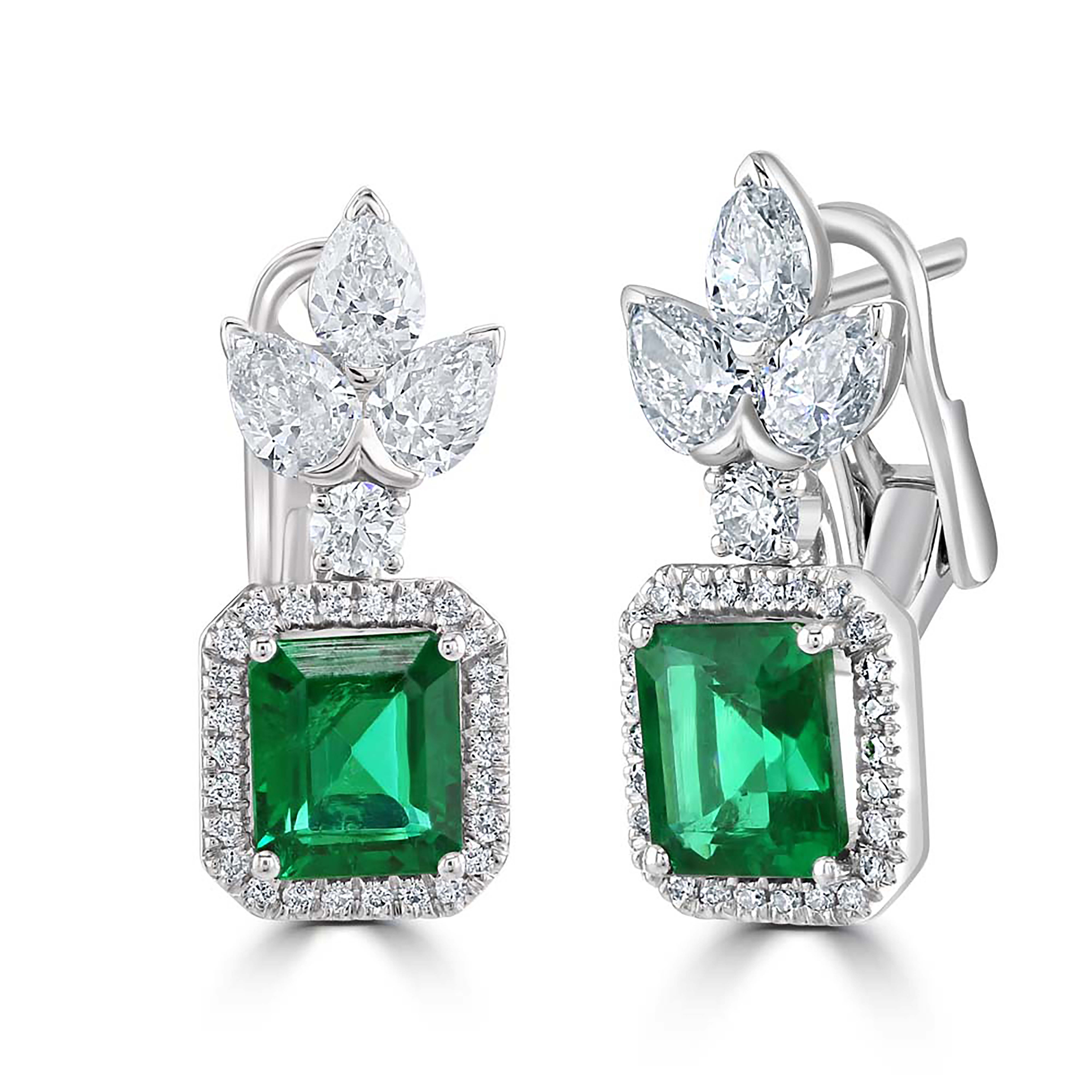 18ct White Gold Emerald and Diamond Drop Earrings